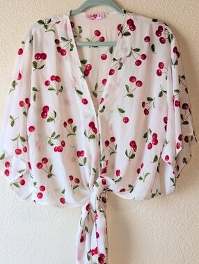 Buddy Love Cherry Tie-Front Blouse - White with Red Cherry Print
